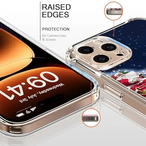 bicol Christmas Phone Case for iPhone 16 Pro Max with Screen Protector, Enhanced Camera Protection - Wireless Charging - Slim Shockproof Protective Acrylic Clear Cover for Women Girls - Santa Sleigh - 2