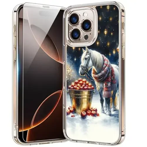 bicol Christmas Phone Case for iPhone 16 Pro with Screen Protector, Enhanced Camera Protection - Wireless Charging - Slim Shockproof Protective Acrylic Clear Cover for Women Girls - Christmas Horse 