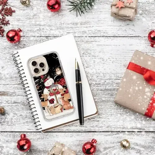 bicol Christmas Phone Case for iPhone 16 Pro with Screen Protector, Enhanced Camera Protection - Wireless Charging - Slim Shockproof Protective Acrylic Clear Cover for Women Girls - Snowman with Deer - 6