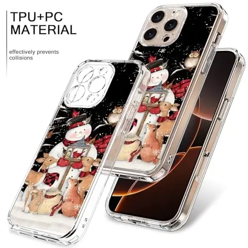 bicol Christmas Phone Case for iPhone 16 Pro with Screen Protector, Enhanced Camera Protection - Wireless Charging - Slim Shockproof Protective Acrylic Clear Cover for Women Girls - Snowman with Deer - 3