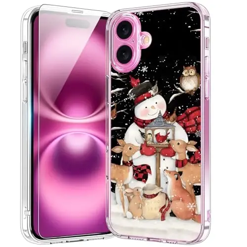 bicol Christmas Phone Case for iPhone 16 with Screen Protector, Enhanced Camera Protection - Wireless Charging - Slim Shockproof Protective Acrylic Clear Cover for Women Girls - Snowman with Deer 