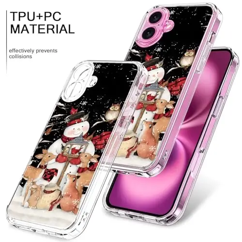 bicol Christmas Phone Case for iPhone 16 with Screen Protector, Enhanced Camera Protection - Wireless Charging - Slim Shockproof Protective Acrylic Clear Cover for Women Girls - Snowman with Deer - 3