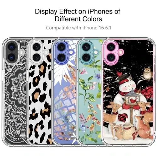 bicol Christmas Phone Case for iPhone 16 with Screen Protector, Enhanced Camera Protection - Wireless Charging - Slim Shockproof Protective Acrylic Clear Cover for Women Girls - Snowman with Deer - 5
