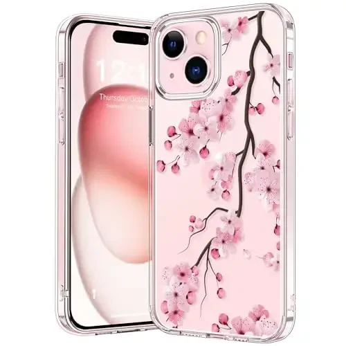 bicol Compatible with iPhone 15 Case, Crystal Acrylic Clear with Fashionable Pattern Designs for Girls Women, Slim Fit Shockproof Protective Phone Cover 6.1 inch,Blooming Cherry - 1