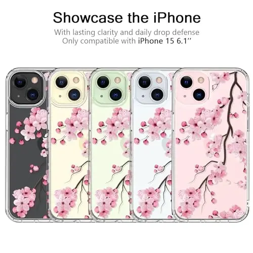 bicol Compatible with iPhone 15 Case, Crystal Acrylic Clear with Fashionable Pattern Designs for Girls Women, Slim Fit Shockproof Protective Phone Cover 6.1 inch,Blooming Cherry - 5