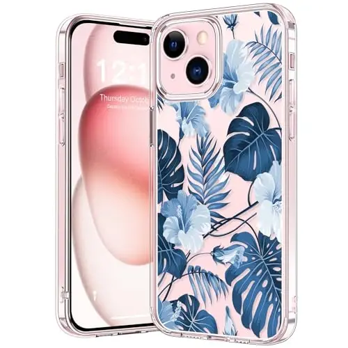 bicol Compatible with iPhone 15 Case, Crystal Acrylic Clear with Fashionable Pattern Designs for Girls Women, Slim Fit Shockproof Protective Phone Cover 6.1 inch,Blue Leaves - 1