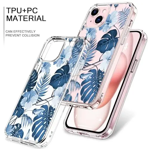 bicol Compatible with iPhone 15 Case, Crystal Acrylic Clear with Fashionable Pattern Designs for Girls Women, Slim Fit Shockproof Protective Phone Cover 6.1 inch,Blue Leaves - 3