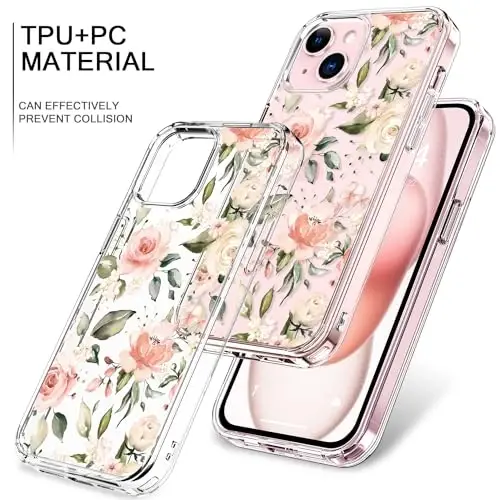 bicol Compatible with iPhone 15 Case, Crystal Acrylic Clear with Fashionable Pattern Designs for Girls Women, Slim Fit Shockproof Protective Phone Cover 6.1 inch,Champagne Flowers - 3