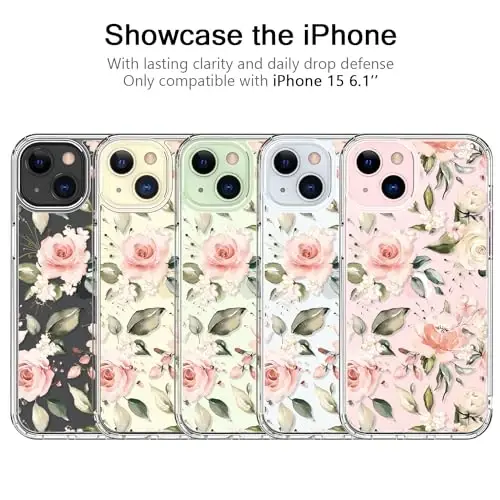 bicol Compatible with iPhone 15 Case, Crystal Acrylic Clear with Fashionable Pattern Designs for Girls Women, Slim Fit Shockproof Protective Phone Cover 6.1 inch,Champagne Flowers - 5