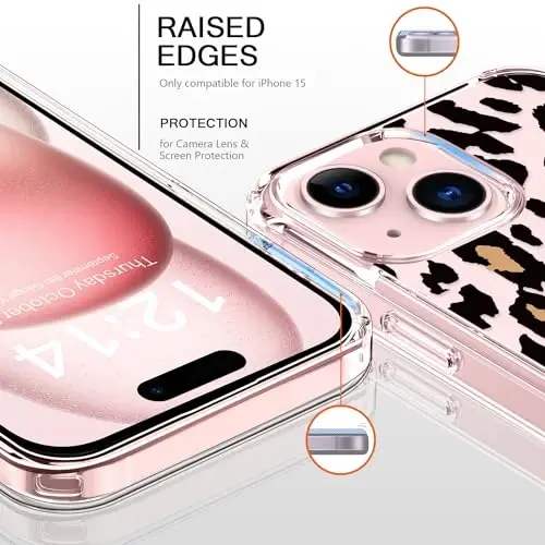 bicol Compatible with iPhone 15 Case, Crystal Acrylic Clear with Fashionable Pattern Designs for Girls Women, Slim Fit Shockproof Protective Phone Cover 6.1 inch,Cheetah Leopard Print - 3