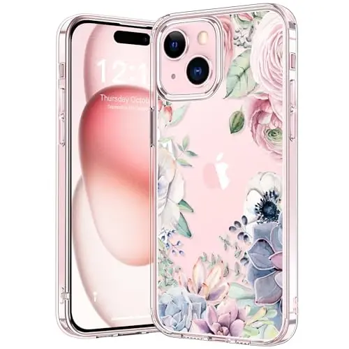 bicol Compatible with iPhone 15 Case, Crystal Acrylic Clear with Fashionable Pattern Designs for Girls Women, Slim Fit Shockproof Protective Phone Cover 6.1 inch,Colorful Succulents - BICOL