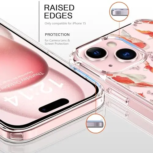 bicol Compatible with iPhone 15 Case, Crystal Acrylic Clear with Fashionable Pattern Designs for Girls Women, Slim Fit Shockproof Protective Phone Cover 6.1 inch,Elegant Fishes - 2