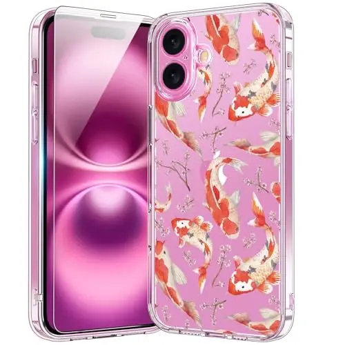bicol Compatible with iPhone 15 Case, Crystal Acrylic Clear with Fashionable Pattern Designs for Girls Women, Slim Fit Shockproof Protective Phone Cover 6.1 inch,Elegant Fishes - 1
