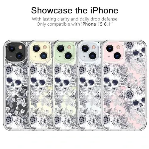 bicol Compatible with iPhone 15 Case, Crystal Acrylic Clear with Fashionable Pattern Designs for Girls Women, Slim Fit Shockproof Protective Phone Cover 6.1 inch,Elegant Skulls - 5