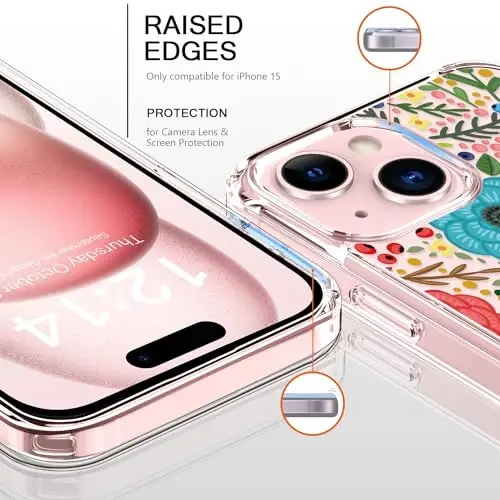 bicol Compatible with iPhone 15 Case, Crystal Acrylic Clear with Fashionable Pattern Designs for Girls Women, Slim Fit Shockproof Protective Phone Cover 6.1 inch,Multi-Colored Blossoms - 2