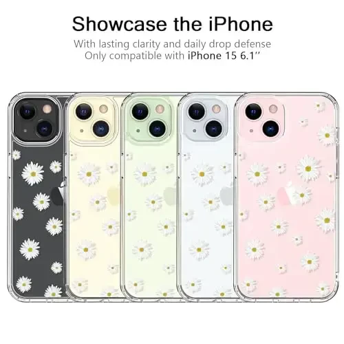 bicol Compatible with iPhone 15 Case, Crystal Acrylic Clear with Fashionable Pattern Designs for Girls Women, Slim Fit Shockproof Protective Phone Cover 6.1 inch,Nice Daisy - 4