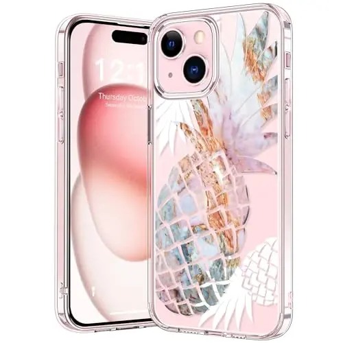 bicol Compatible with iPhone 15 Case, Crystal Acrylic Clear with Fashionable Pattern Designs for Girls Women, Slim Fit Shockproof Protective Phone Cover 6.1 inch,Nice Pineapple 