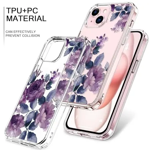 bicol Compatible with iPhone 15 Case, Crystal Acrylic Clear with Fashionable Pattern Designs for Girls Women, Slim Fit Shockproof Protective Phone Cover 6.1 inch,Purple Flowers - 3