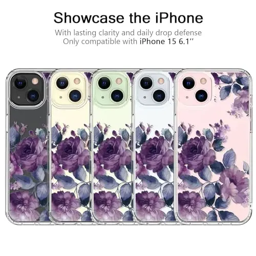 bicol Compatible with iPhone 15 Case, Crystal Acrylic Clear with Fashionable Pattern Designs for Girls Women, Slim Fit Shockproof Protective Phone Cover 6.1 inch,Purple Flowers - 5
