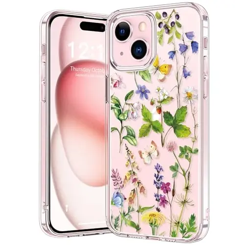 bicol Compatible with iPhone 15 Plus Case, Crystal Acrylic Clear with Fashionable Pattern Designs for Girls Women, Slim Fit Shockproof Protective Phone Cover 6.7 inch,Butterfly Flowers - BICOL