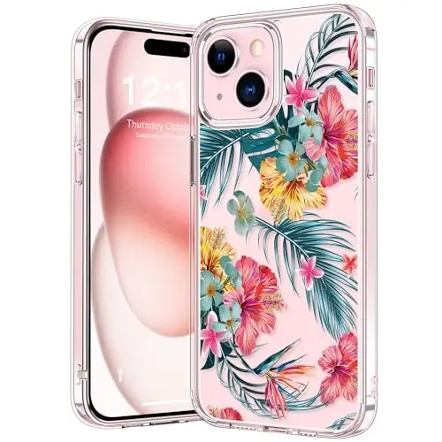 bicol Compatible with iPhone 15 Plus Case, Crystal Acrylic Clear with Fashionable Pattern Designs for Girls Women, Slim Fit Shockproof Protective Phone Cover 6.7 inch,Pink Yellow Floral - 1