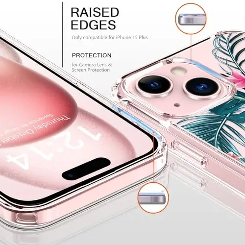 bicol Compatible with iPhone 15 Plus Case, Crystal Acrylic Clear with Fashionable Pattern Designs for Girls Women, Slim Fit Shockproof Protective Phone Cover 6.7 inch,Pink Yellow Floral - 2
