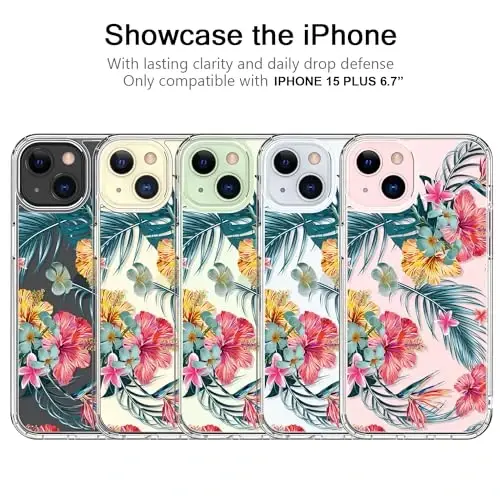 bicol Compatible with iPhone 15 Plus Case, Crystal Acrylic Clear with Fashionable Pattern Designs for Girls Women, Slim Fit Shockproof Protective Phone Cover 6.7 inch,Pink Yellow Floral - 5