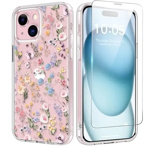 bicol Compatible with iPhone 15 Plus Case, Crystal Clear with Fashionable Designs for Girls Women, Slim Fit Shockproof Protective Acrylic Phone Cover 6.7 inch,Blooming Wildflower - 1