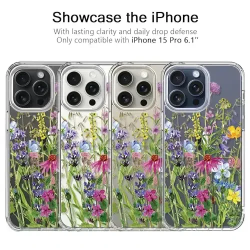 bicol Compatible with iPhone 15 Pro Case, Crystal Acrylic Clear with Fashionable Pattern Designs for Girls Women, Slim Fit Shockproof Protective Phone Cover 6.1 inch,Blooming Flowers - 3