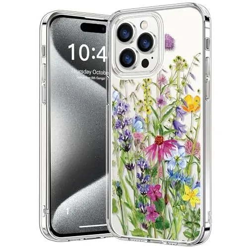bicol Compatible with iPhone 15 Pro Case, Crystal Acrylic Clear with Fashionable Pattern Designs for Girls Women, Slim Fit Shockproof Protective Phone Cover 6.1 inch,Blooming Flowers - 1