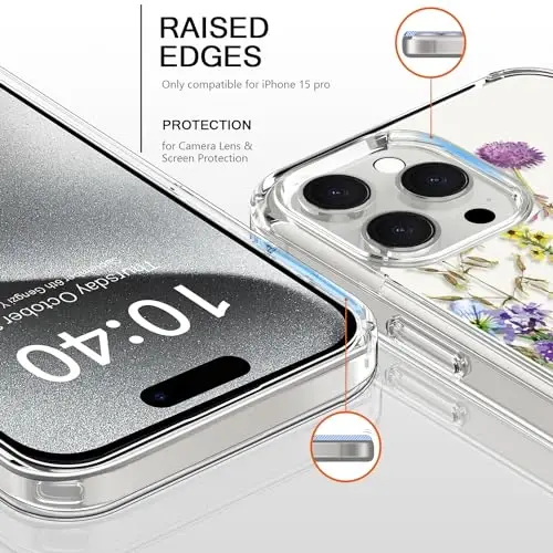bicol Compatible with iPhone 15 Pro Case, Crystal Acrylic Clear with Fashionable Pattern Designs for Girls Women, Slim Fit Shockproof Protective Phone Cover 6.1 inch,Blooming Flowers - 2