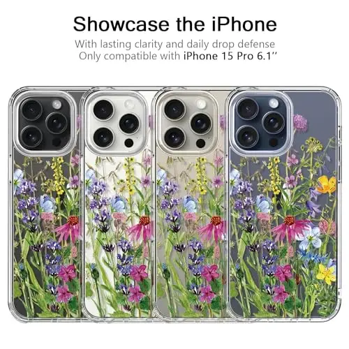bicol Compatible with iPhone 15 Pro Case, Crystal Acrylic Clear with Fashionable Pattern Designs for Girls Women, Slim Fit Shockproof Protective Phone Cover 6.1 inch,Blooming Flowers - 3
