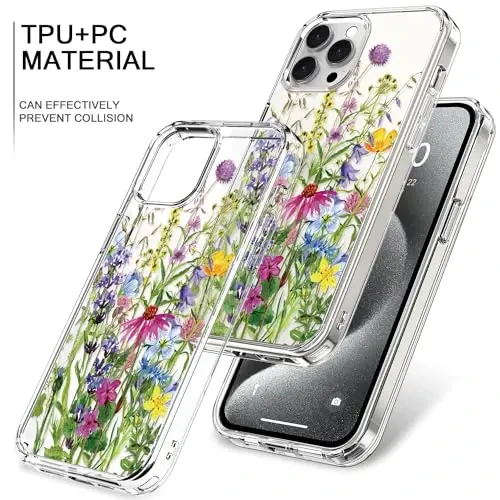 bicol Compatible with iPhone 15 Pro Case, Crystal Acrylic Clear with Fashionable Pattern Designs for Girls Women, Slim Fit Shockproof Protective Phone Cover 6.1 inch,Blooming Flowers - 4