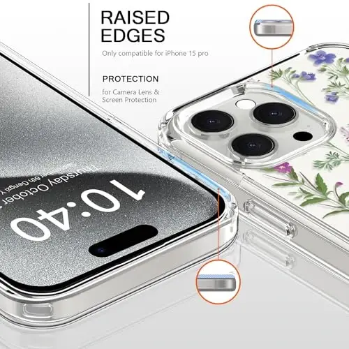 bicol Compatible with iPhone 15 Pro Case, Crystal Acrylic Clear with Fashionable Pattern Designs for Girls Women, Slim Fit Shockproof Protective Phone Cover 6.1 inch,Little Flowers Leaves - 2