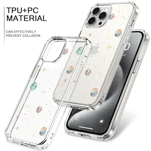 bicol Compatible with iPhone 15 Pro Case, Crystal Acrylic Clear with Fashionable Pattern Designs for Girls Women, Slim Fit Shockproof Protective Phone Cover 6.1 inch,Planets - 4
