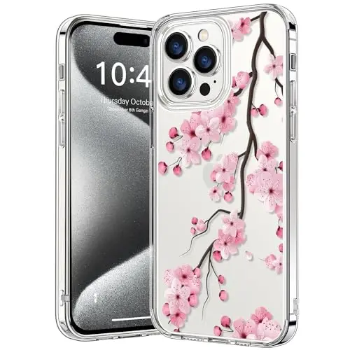 bicol Compatible with iPhone 15 Pro Max Case, Crystal Acrylic Clear with Fashionable Pattern Designs for Girls Women, Slim Fit Shockproof Protective Phone Cover 6.7 inch,Blooming Cherry - BICOL