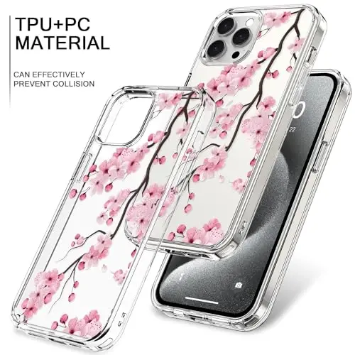bicol Compatible with iPhone 15 Pro Max Case, Crystal Acrylic Clear with Fashionable Pattern Designs for Girls Women, Slim Fit Shockproof Protective Phone Cover 6.7 inch,Blooming Cherry - 4
