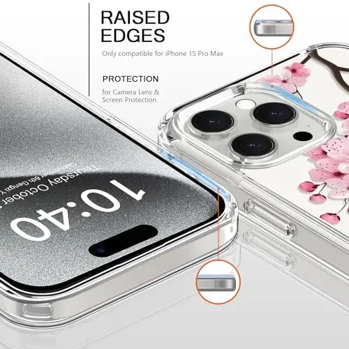 bicol Compatible with iPhone 15 Pro Max Case, Crystal Acrylic Clear with Fashionable Pattern Designs for Girls Women, Slim Fit Shockproof Protective Phone Cover 6.7 inch,Blooming Cherry - BICOL (1)