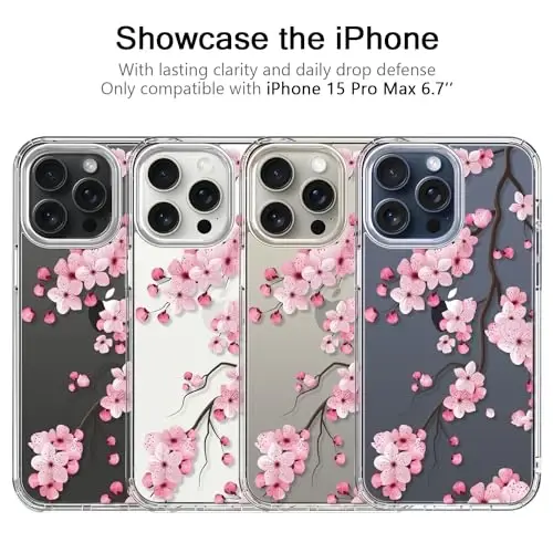 bicol Compatible with iPhone 15 Pro Max Case, Crystal Acrylic Clear with Fashionable Pattern Designs for Girls Women, Slim Fit Shockproof Protective Phone Cover 6.7 inch,Blooming Cherry - 3