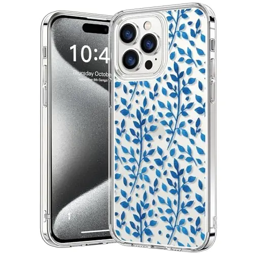 bicol Compatible with iPhone 15 Pro Max Case, Crystal Acrylic Clear with Fashionable Pattern Designs for Girls Women, Slim Fit Shockproof Protective Phone Cover 6.7 inch,Cute Blue Leaves 
