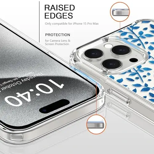 bicol Compatible with iPhone 15 Pro Max Case, Crystal Acrylic Clear with Fashionable Pattern Designs for Girls Women, Slim Fit Shockproof Protective Phone Cover 6.7 inch,Cute Blue Leaves - 2