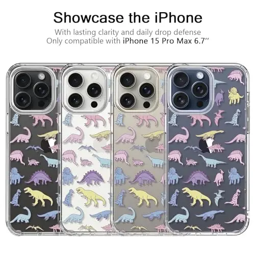 bicol Compatible with iPhone 15 Pro Max Case, Crystal Acrylic Clear with Fashionable Pattern Designs for Girls Women, Slim Fit Shockproof Protective Phone Cover 6.7 inch,Cute Dinosaurs - 3