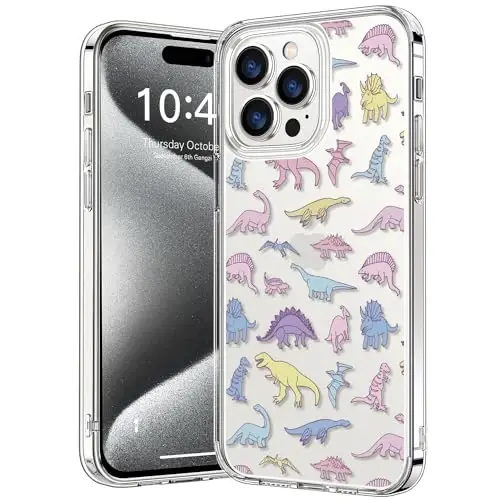 bicol Compatible with iPhone 15 Pro Max Case, Crystal Acrylic Clear with Fashionable Pattern Designs for Girls Women, Slim Fit Shockproof Protective Phone Cover 6.7 inch,Cute Dinosaurs - 1