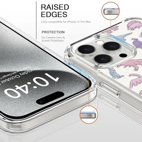 bicol Compatible with iPhone 15 Pro Max Case, Crystal Acrylic Clear with Fashionable Pattern Designs for Girls Women, Slim Fit Shockproof Protective Phone Cover 6.7 inch,Cute Dinosaurs - 2