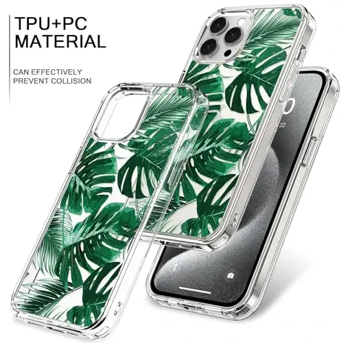 bicol Compatible with iPhone 15 Pro Max Case, Crystal Acrylic Clear with Fashionable Pattern Designs for Girls Women, Slim Fit Shockproof Protective Phone Cover 6.7 inch,Green Leaves - 4
