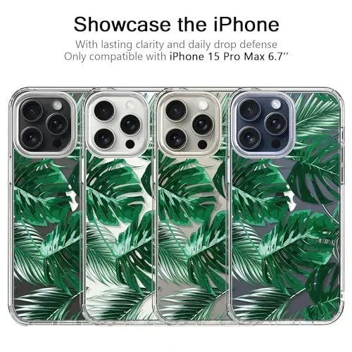 bicol Compatible with iPhone 15 Pro Max Case, Crystal Acrylic Clear with Fashionable Pattern Designs for Girls Women, Slim Fit Shockproof Protective Phone Cover 6.7 inch,Green Leaves - 3