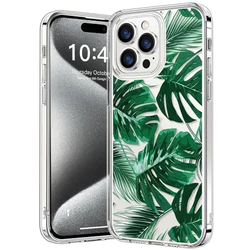 bicol Compatible with iPhone 15 Pro Max Case, Crystal Acrylic Clear with Fashionable Pattern Designs for Girls Women, Slim Fit Shockproof Protective Phone Cover 6.7 inch,Green Leaves - 1