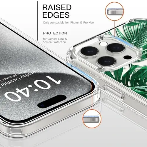 bicol Compatible with iPhone 15 Pro Max Case, Crystal Acrylic Clear with Fashionable Pattern Designs for Girls Women, Slim Fit Shockproof Protective Phone Cover 6.7 inch,Green Leaves - 2