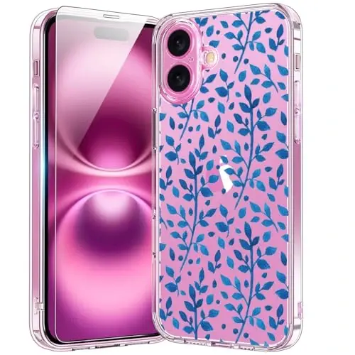 bicol для чехла iPhone 16 с защитным экраном, улучшенная защита камеры, кристально-акриловый прозрачный с модными узорами для девочек и женщин, тонкий защитный чехол для телефона 6,1 дюйма, милые синие листья 