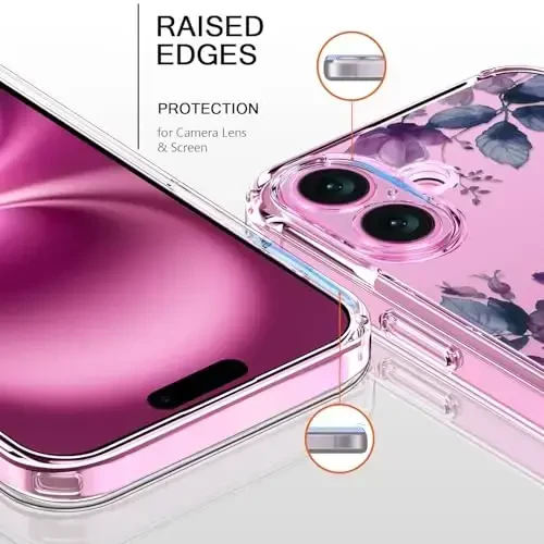 bicol for iPhone 16 Case with Screen Protector, Enhanced Camera Protection, Crystal Acrylic Clear with Fashionable Designs for Girls Women, Slim Fit Protective Phone Cover 6.1